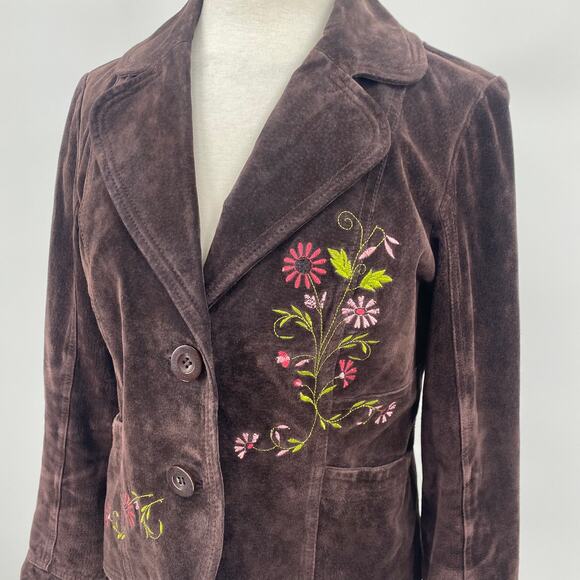 Y2K Suede Leather Jacket Floral Embroidery Front Button Down Brown Womens Medium - Picture 3 of 12
